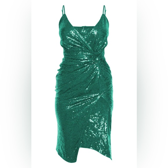 Emerald Green Sequin Twist midi dress with slit - Picture 3 of 6